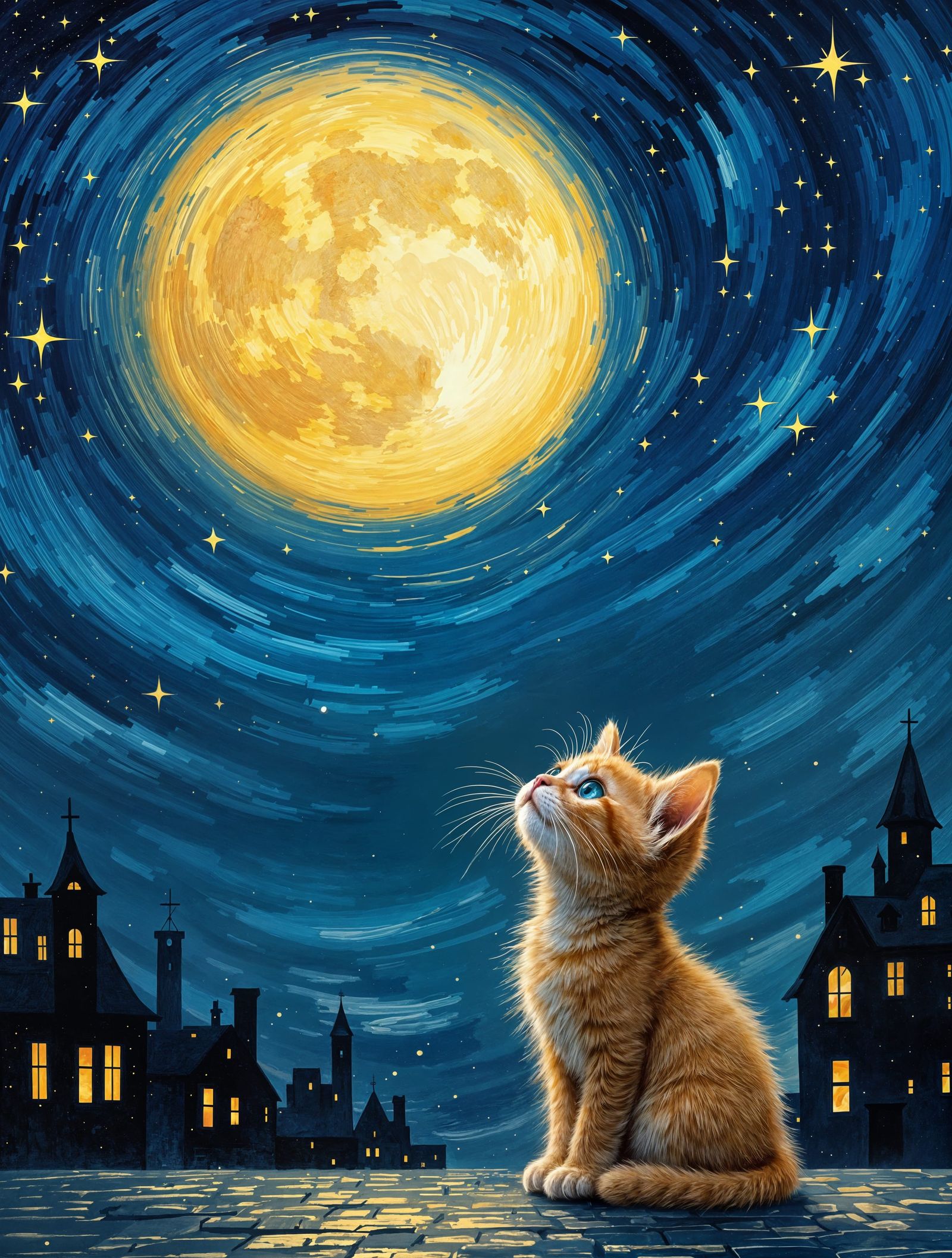 Whimsical Moonlit Scene of Ginger Kitten