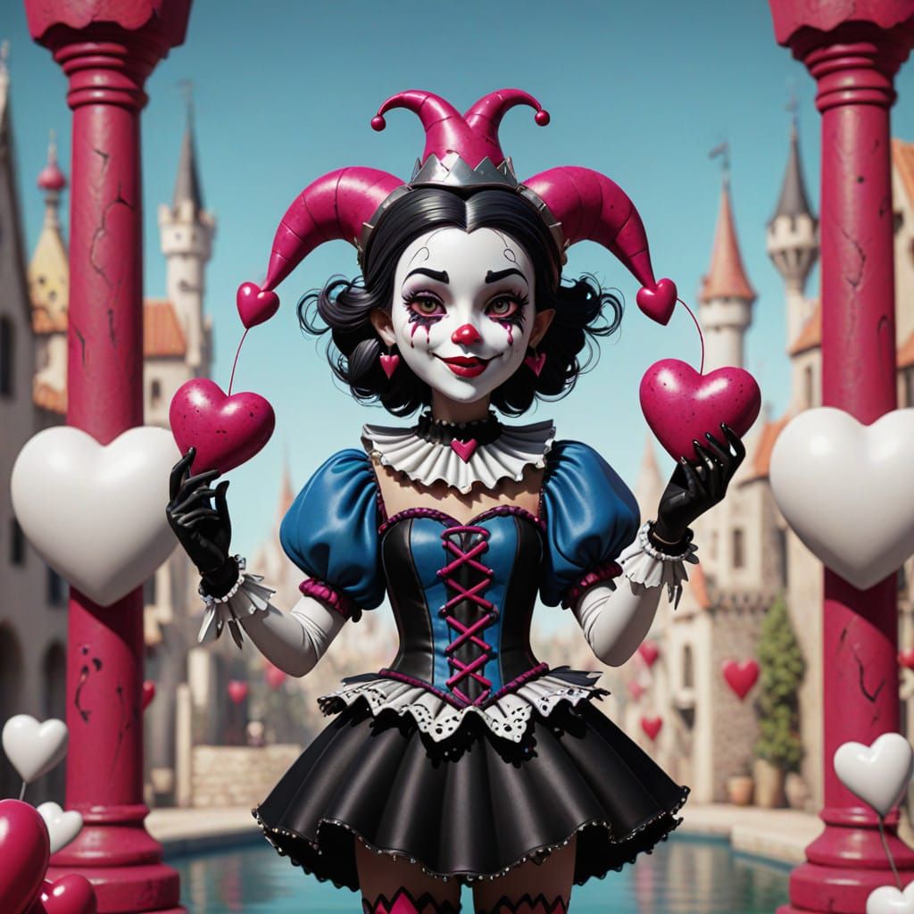 Vibrant Jester Woman Doll in Whimsical Still Life