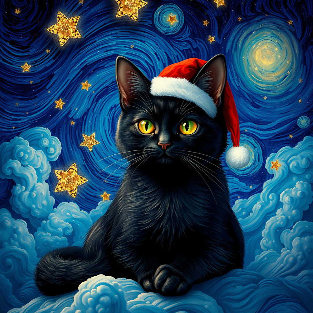 Mystical Christmas Cat in Starry Night Wonderland