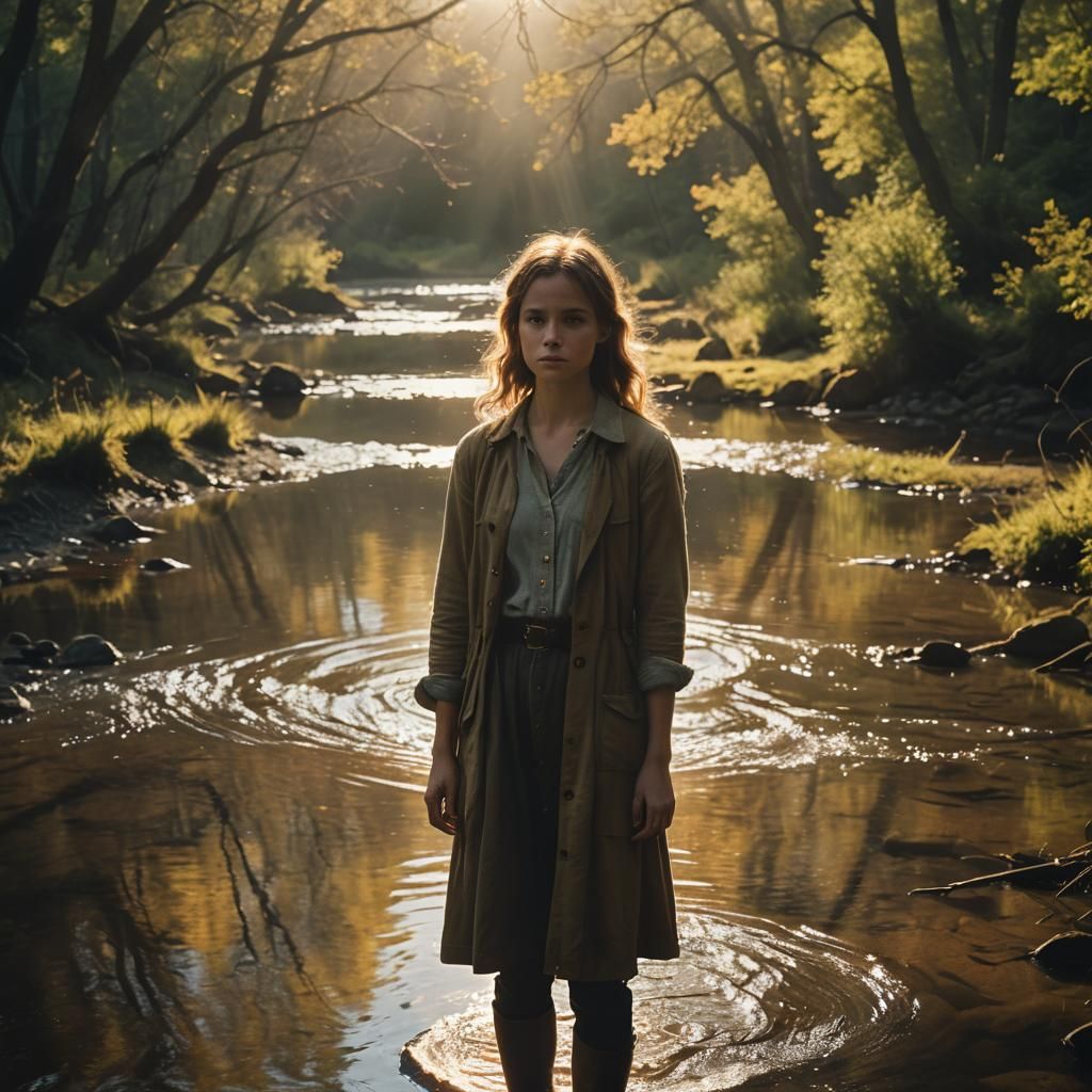 Sweeping Cinematic Film Still of Emma by a Serene Stream