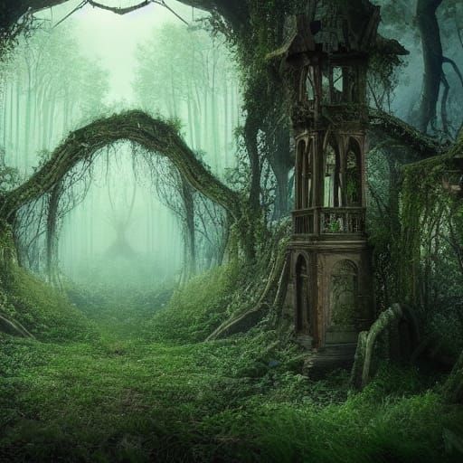 Abandoned Woodland Sanctuary in Vines and Twilight