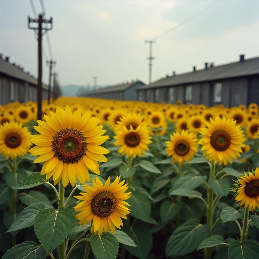 Sunflowers Bloom in Stark Concentration Camp Setting