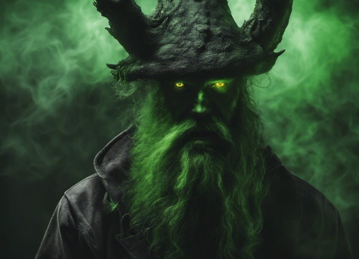 Dark Fantasy Wizard with Glowing Green Eyes in a Smoky Ambia...