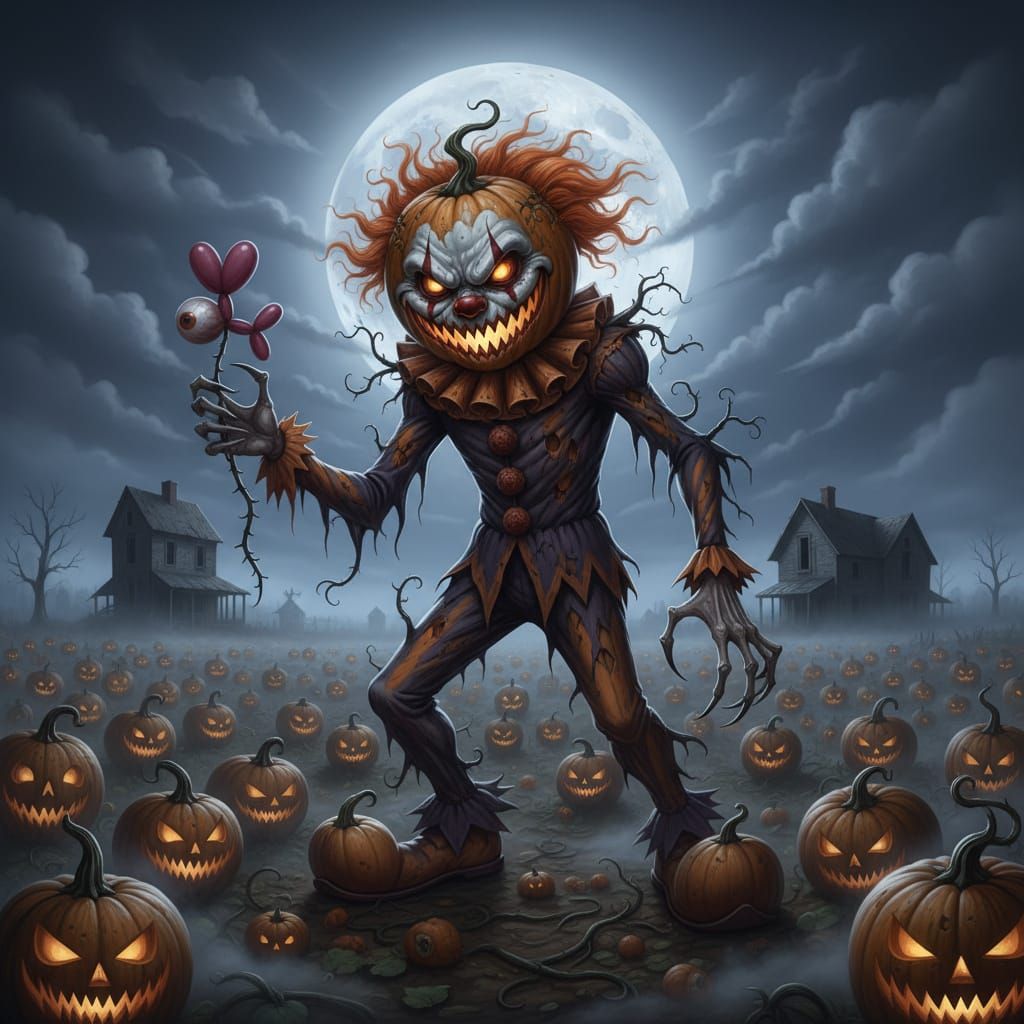 Scary Pumpkin Clown Monster in Dark Pumpkin Patch
