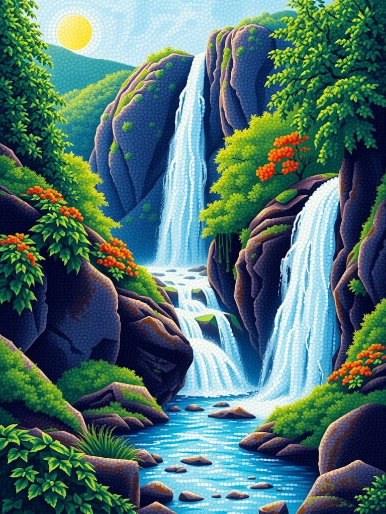Pointillist Waterfall Landscape in Circle Dot Style