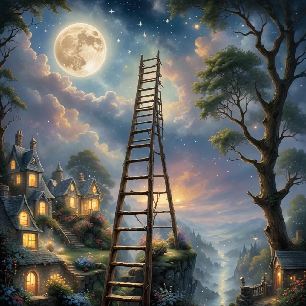 Ladder to Ephemeral Realms in Whimsical Moonlit Style