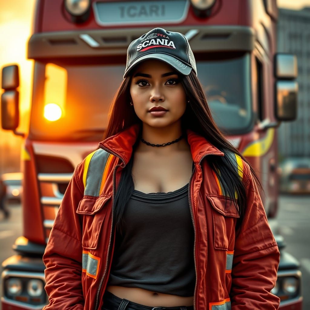 Photorealistic Filipina Trucker in Golden Sunset