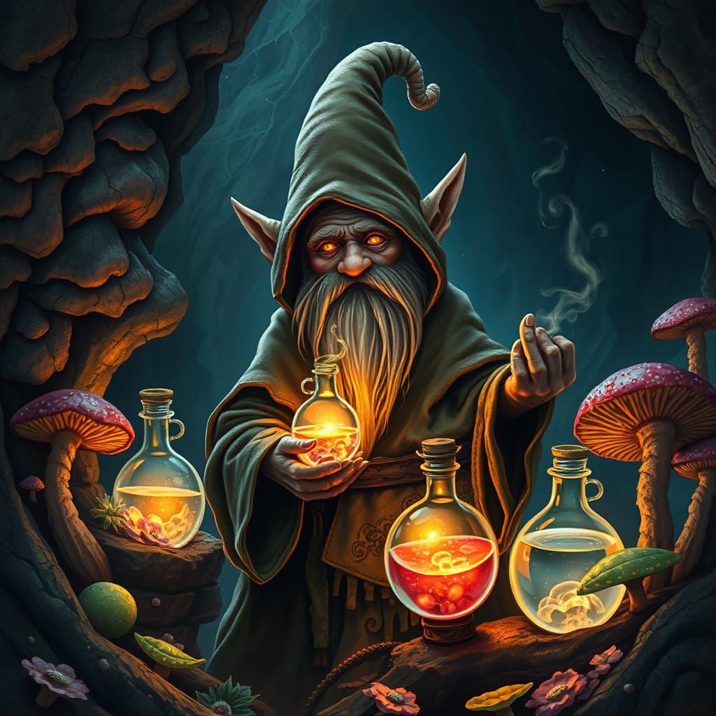 Mystical Gnome Alchemist in a Glowing Bioluminescent Cavern