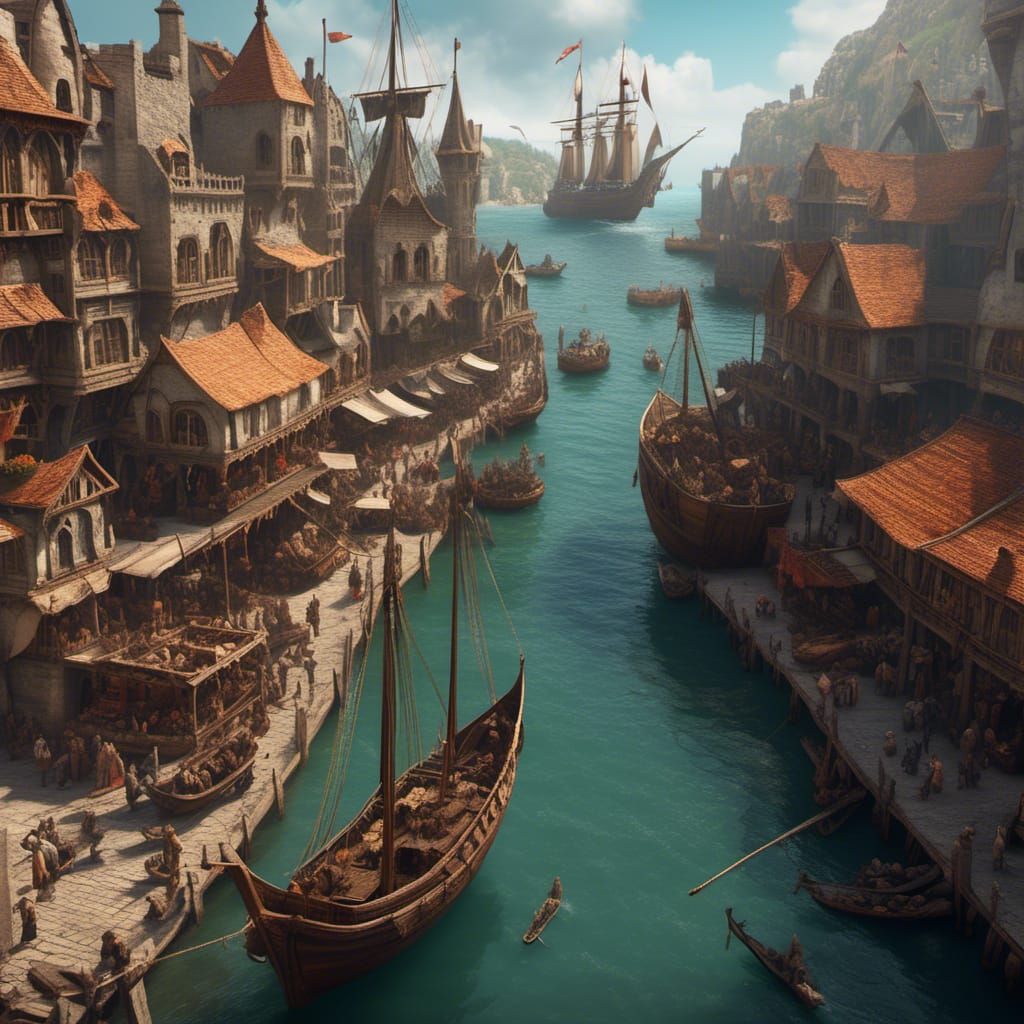 Vibrant Medieval Harbor Scene in Epic Hyperreal Style