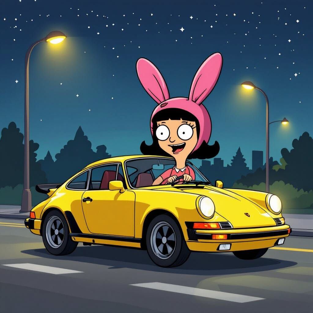 Louise Belcher Drives a Yellow Porsche at Night in Cartoon S...