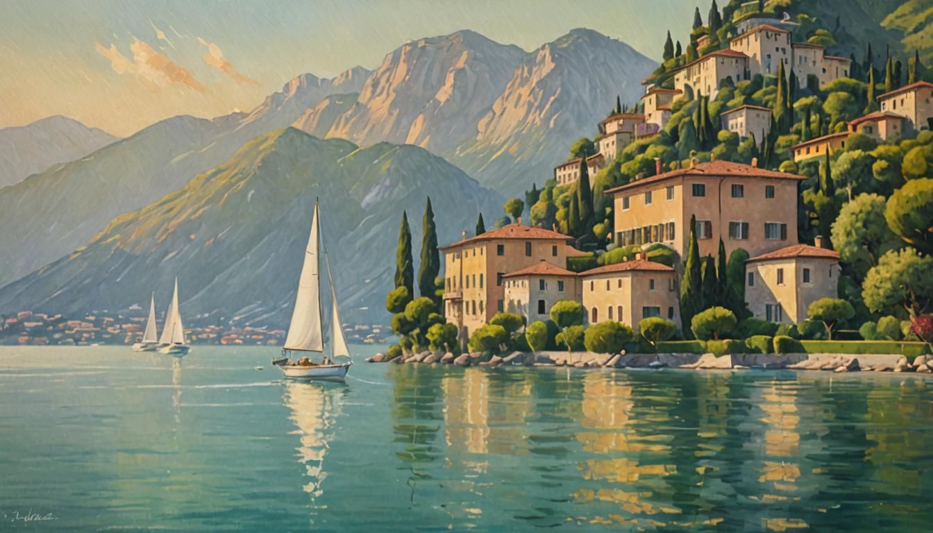 Impressionist Lake Garda Scene with Sailboat and Italian Vil...