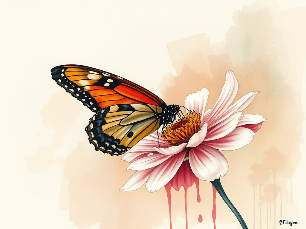 Butterfly Perched on Wildflower in Whimsical Watercolor Styl...