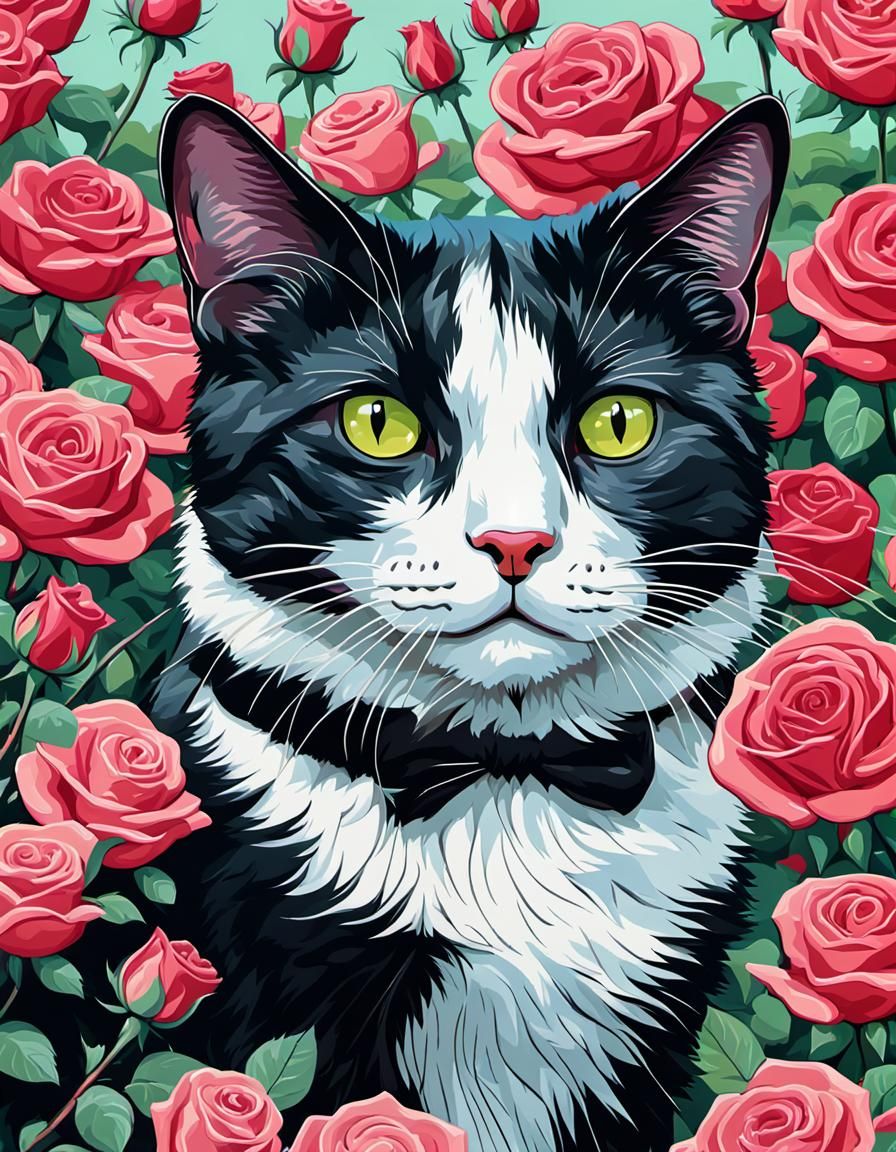 Pop Art Tuxedo Cat in a Rose Garden Close-Up