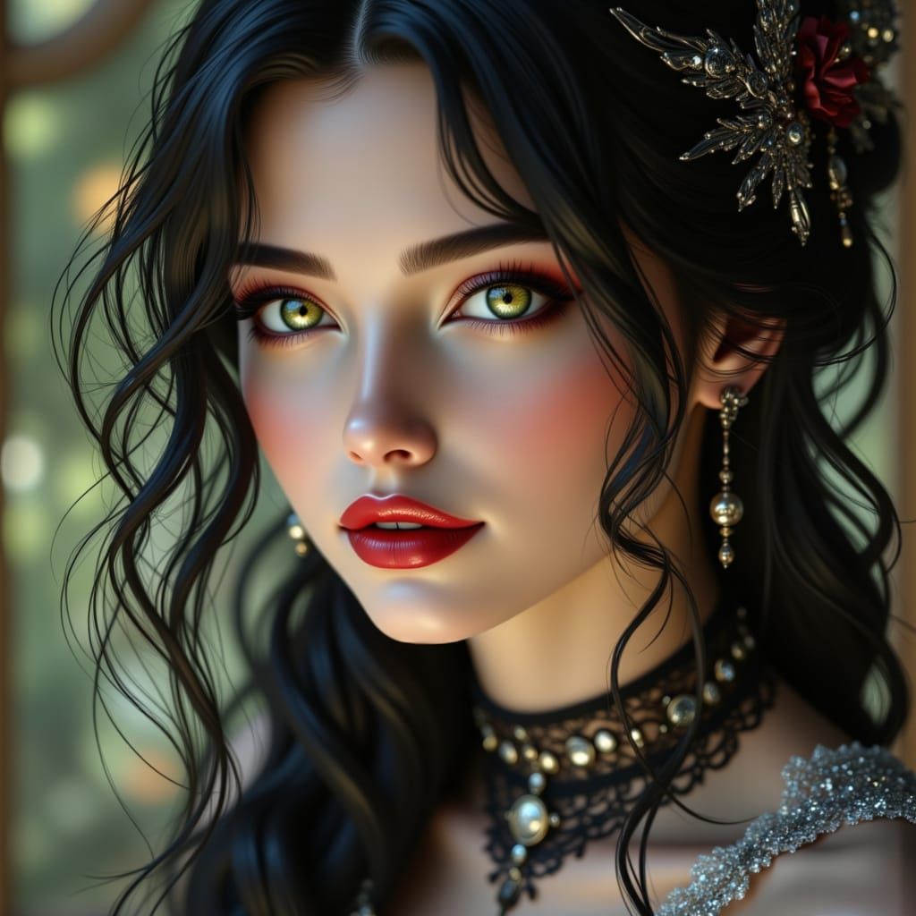 Ethereal Woman with Gothic Makeup and Red Lipstick