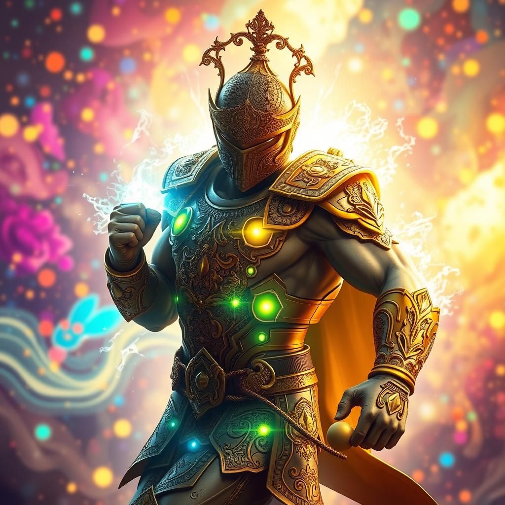 Glowing Fitness Bomb God in Vibrant, Fantastical Background