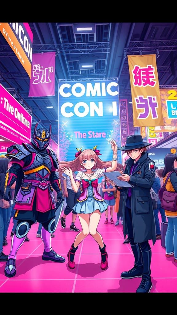 Energetic Anime Comic Con Scene in Vibrant Colors