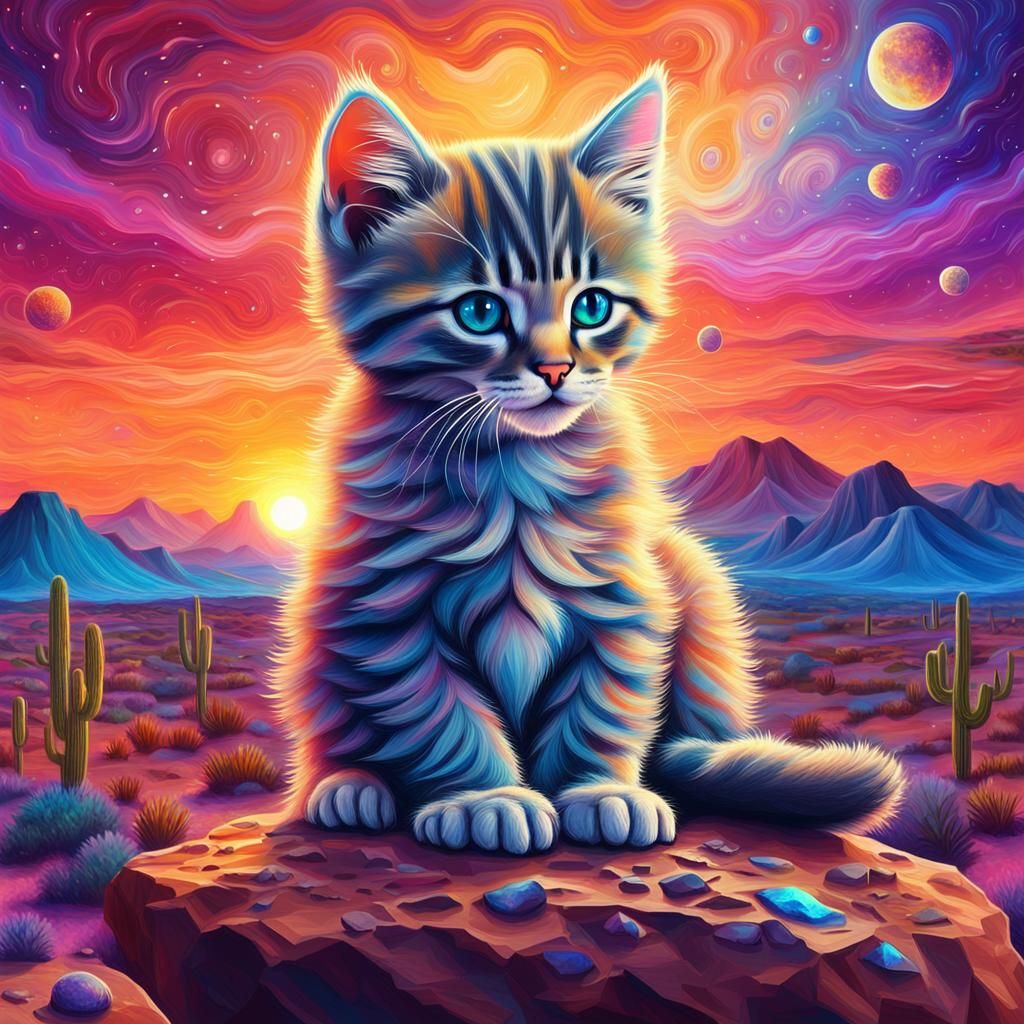 A Kitten on a Rock Amidst a Vibrant Desert Sunset