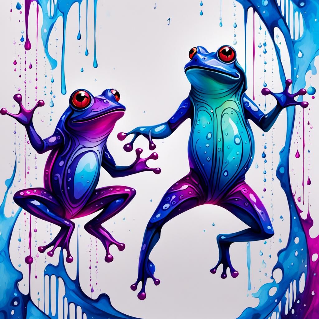 Surreal Art Dancing Frogs in Rainy Music Sheets