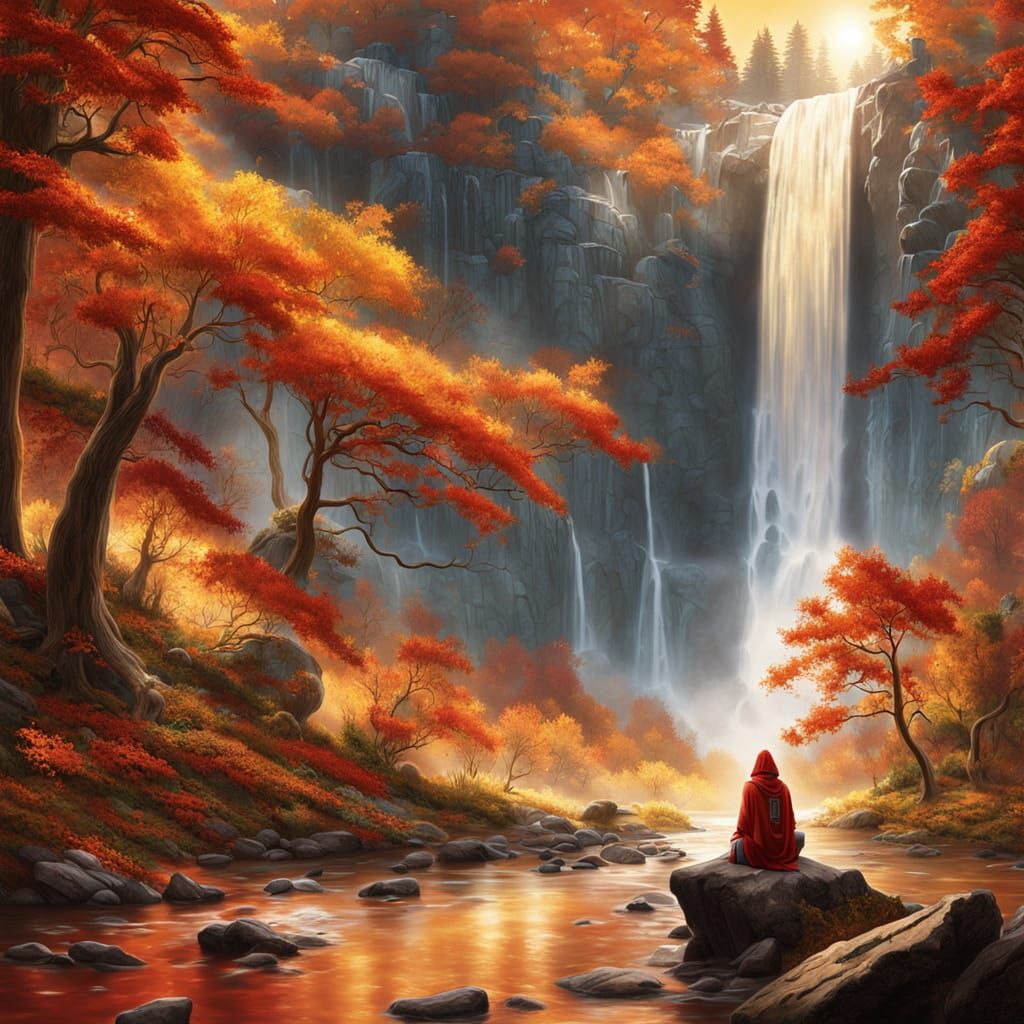 Crimson Wanderer Overlooking Autumn Cascade in Golden Light