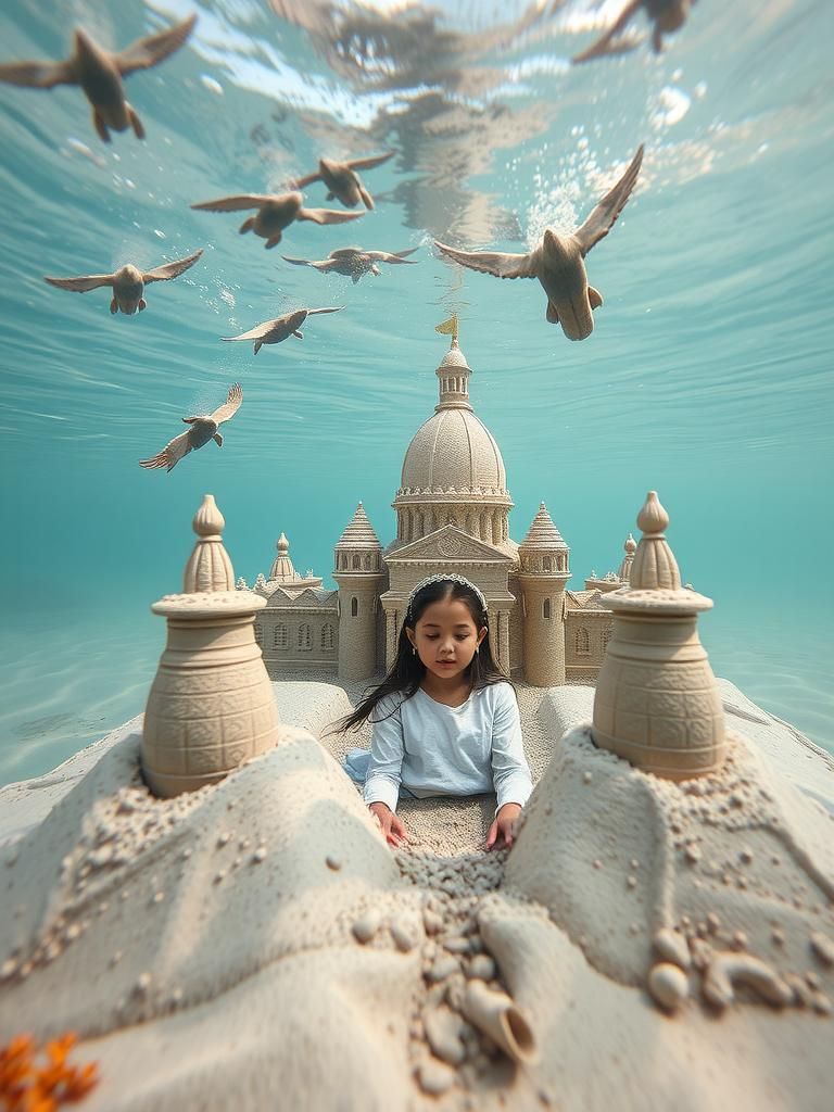 Surreal Underwater Sandcastle Made from Glowing Sand