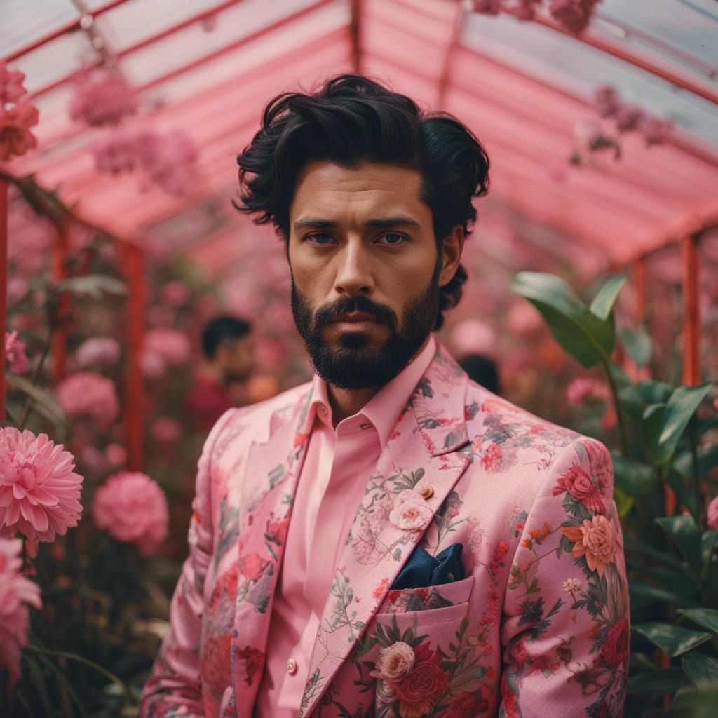 Elegant Young Man in a Pink Suit Amidst a Floral Greenhouse