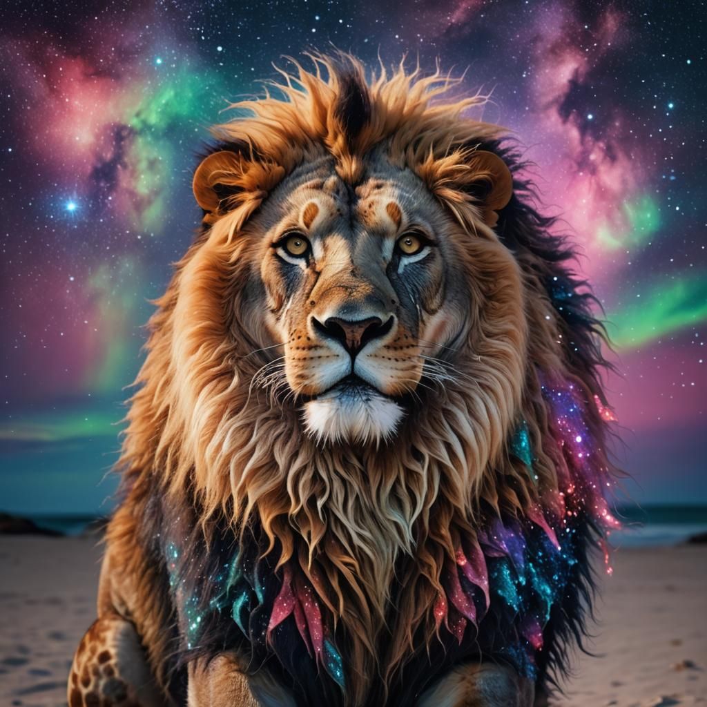 Surreal Lion Stands Amidst Cosmic Reef on Starry Beach