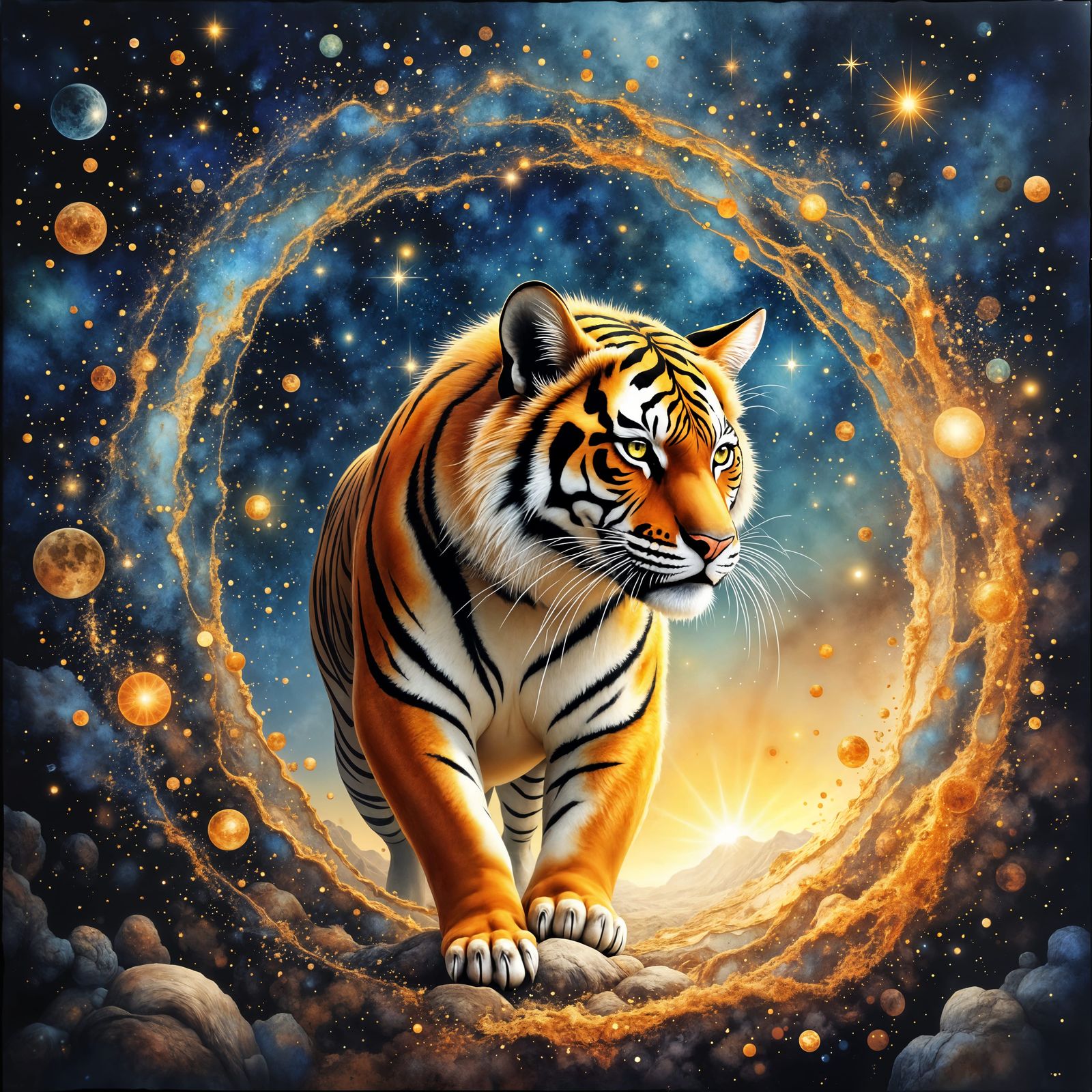 Celestial Tiger Emerging from Galaxy in Ethereal Anime Art