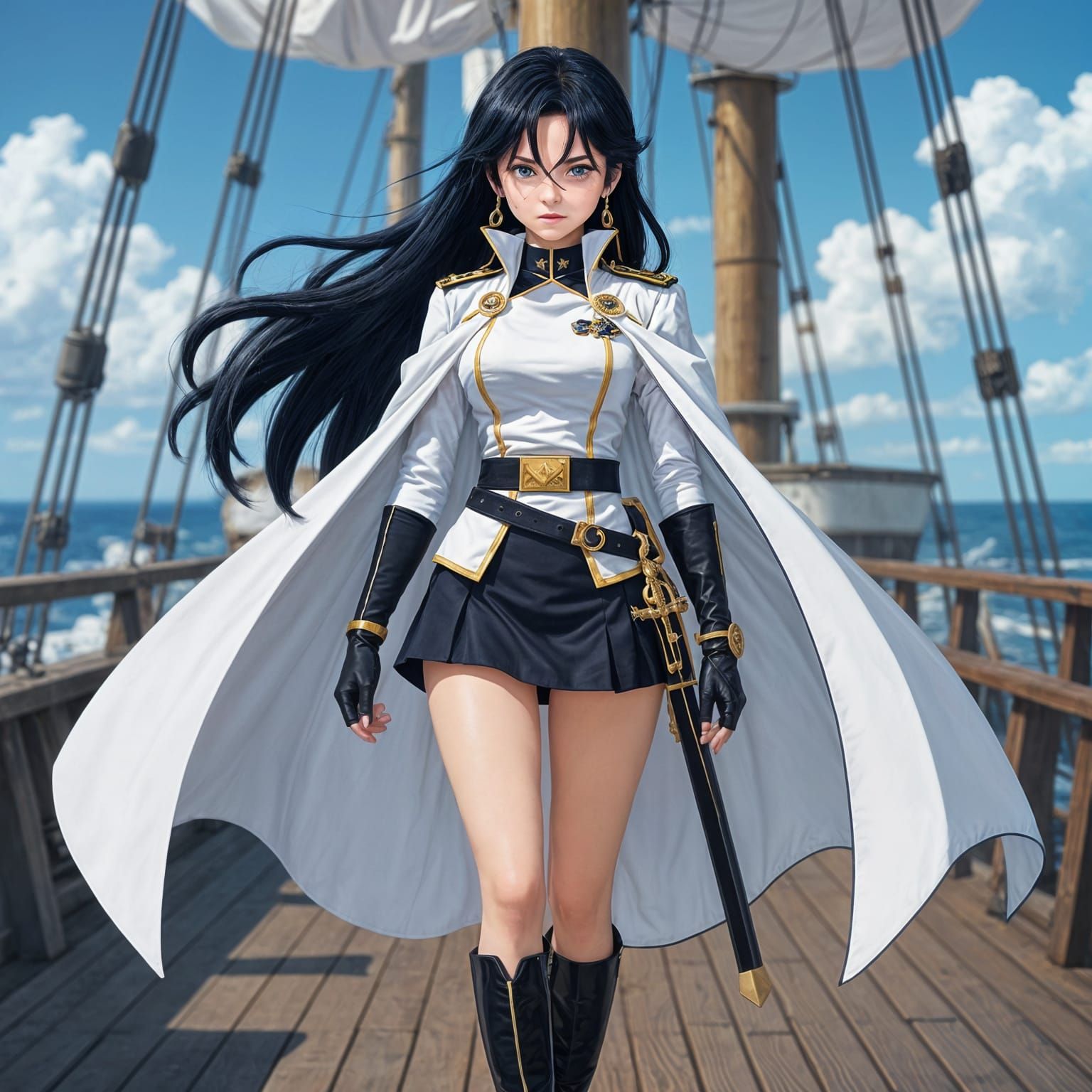 Anime Female Admiral in White Uniform with Sword