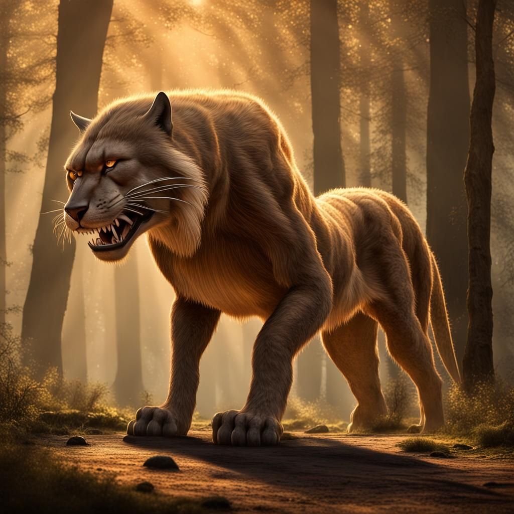 Surreal Paleolithic Morning with Smilodon in Focused Photogr...