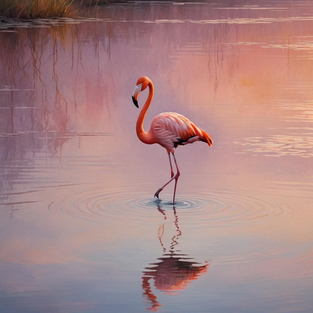 Impressionist Pink Flamingo in Serene Sunset Landscape