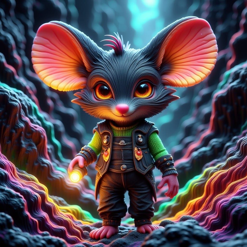 Whimsical Chibi Mouse Hybrid in Cyberpunk Wonderland