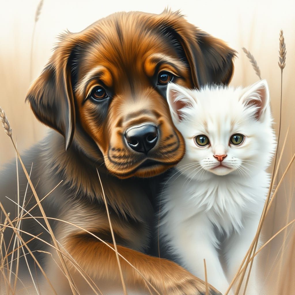 Labrador Puppy and Kitten in Watercolor Style