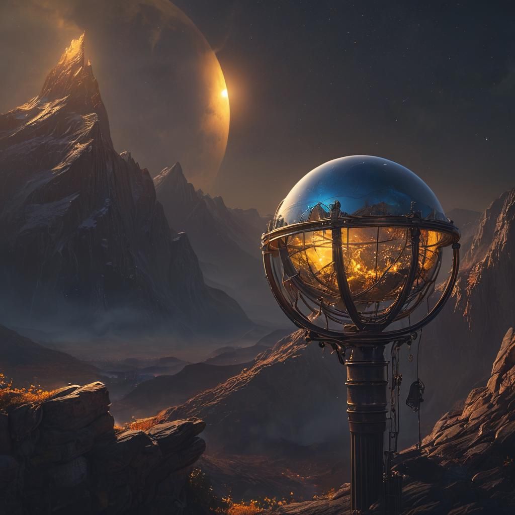 Realistic Sci-Fi Vision of Life's Orb amidst Dark Mountains....