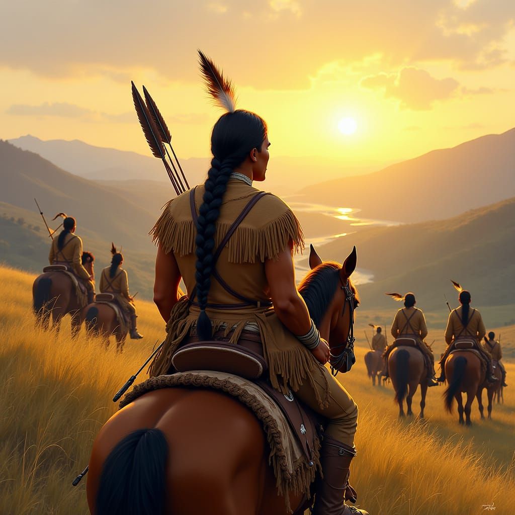 Native American Horseman in Grassy Valley