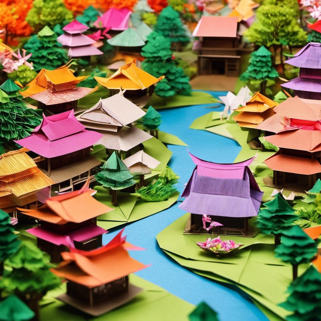 Origami Japanese Village in Vibrant Colors