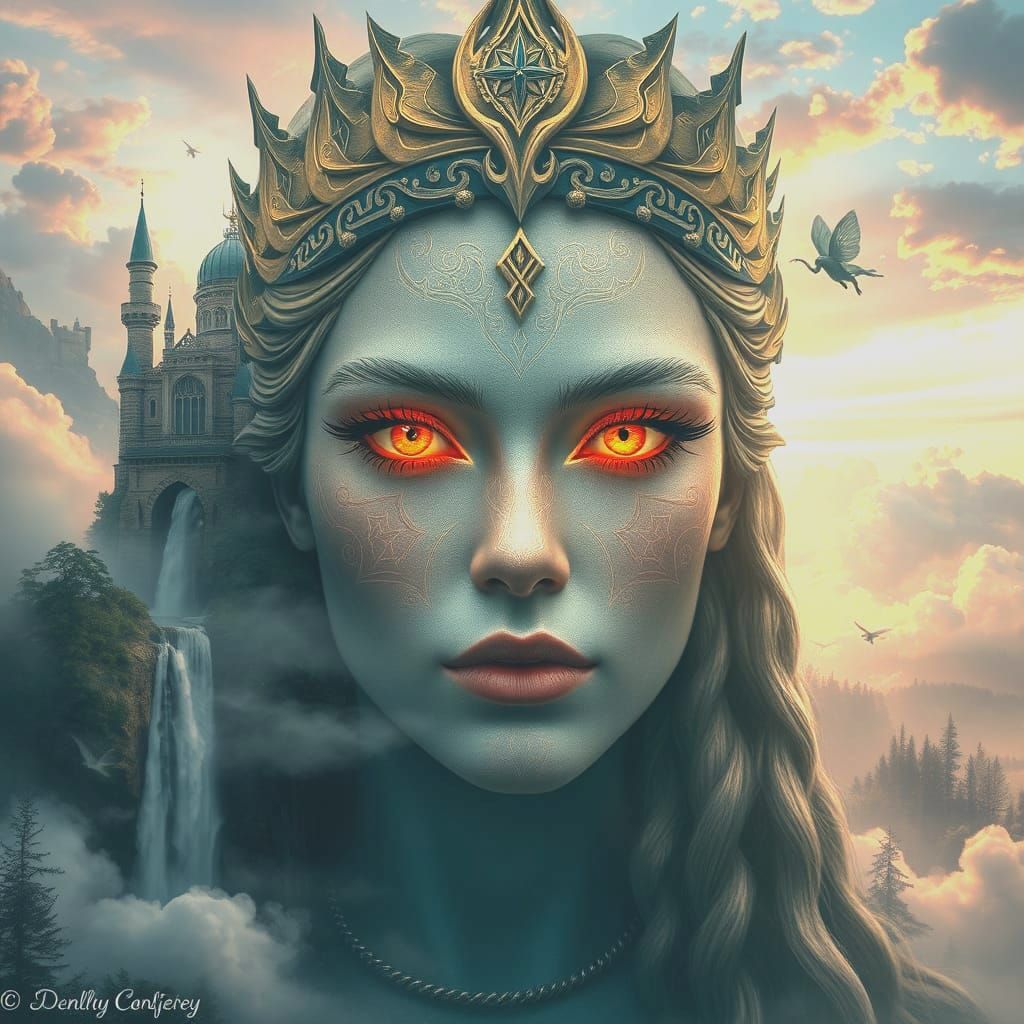 her eyes radiant with wisdom, skin adorned with delicate glo...