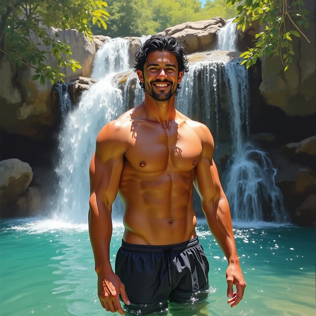 Impressionistic Maori Athlete in Serene Waterfall Landscape