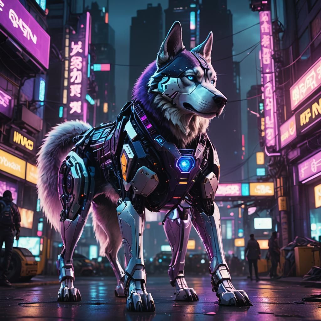 Giant Cyberpunk Husky Dominates Futuristic Cityscape