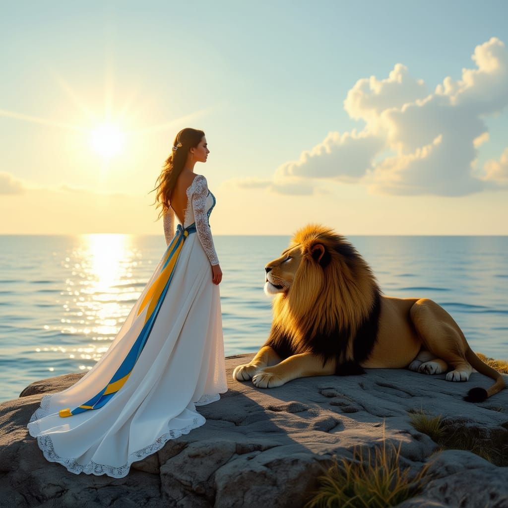 Woman in White Dress with Lion on Rock Overlooking Sea