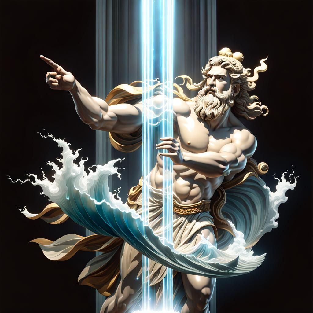 Poseidon Rises Above the Waves in a Futuristic Ancient Greek...