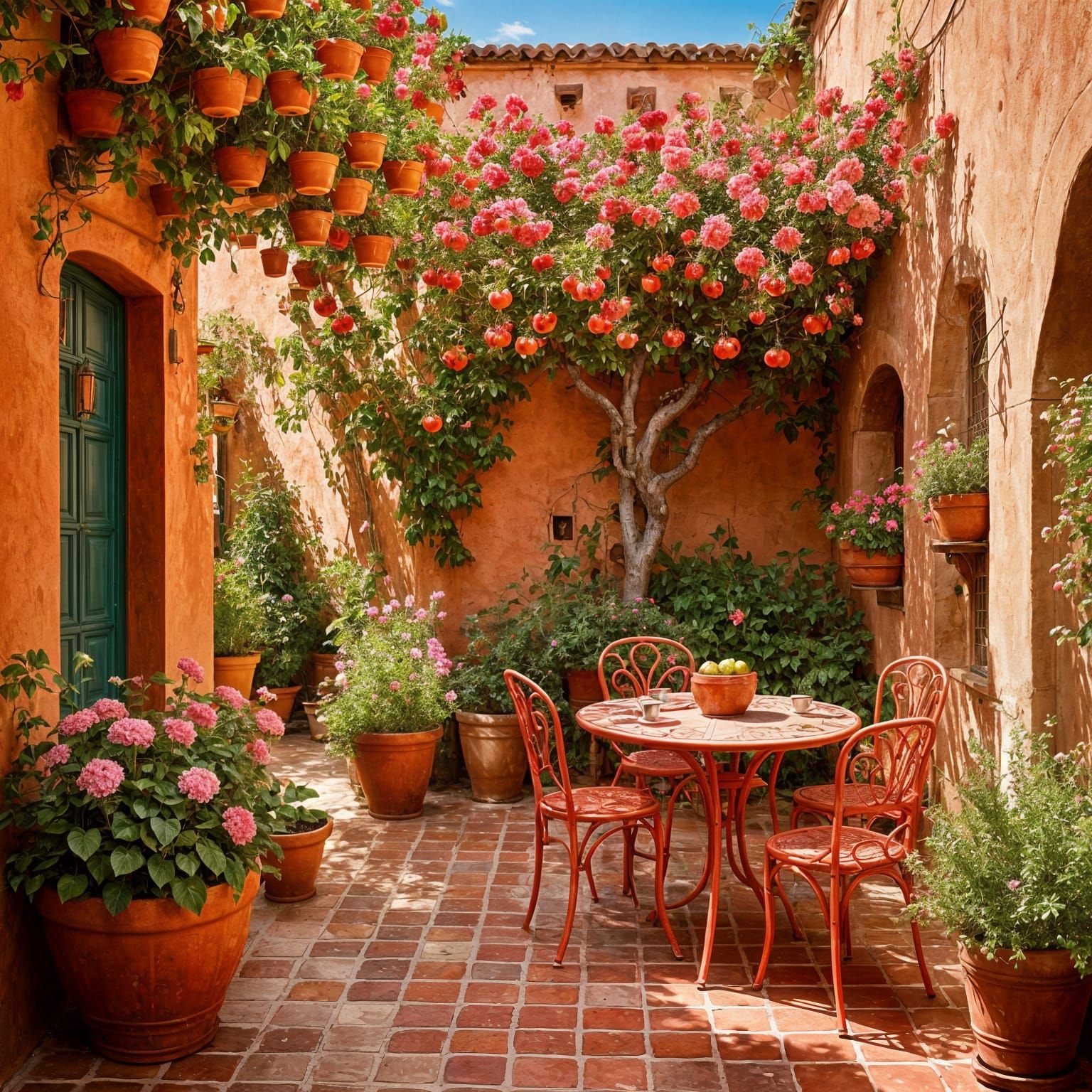 Majestic Italian Garden Courtyard in Vibrant Hues