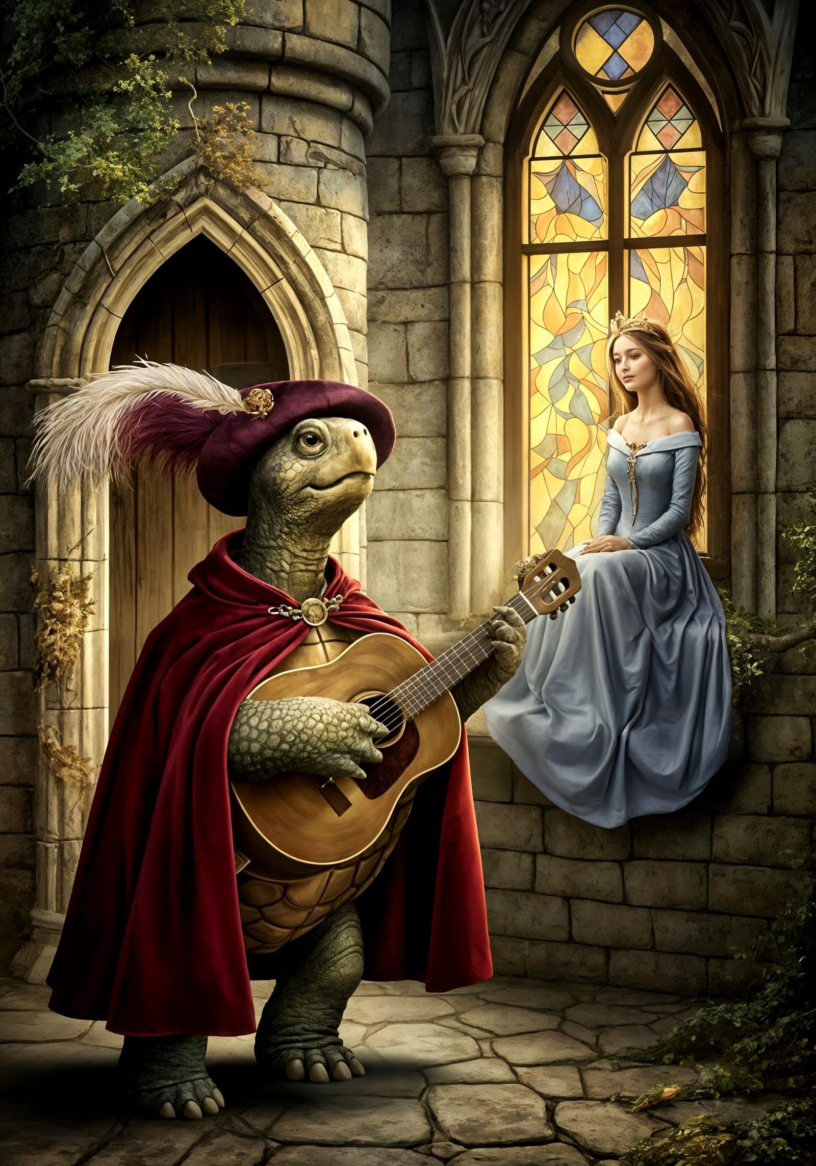 Turtle Serenades Princess in Whimsical Storybook Scene