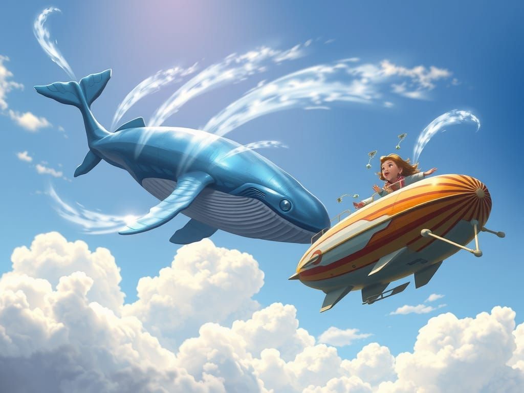 Surreal Blue Whale Takes Flight with Chrome Wings in a Dream...
