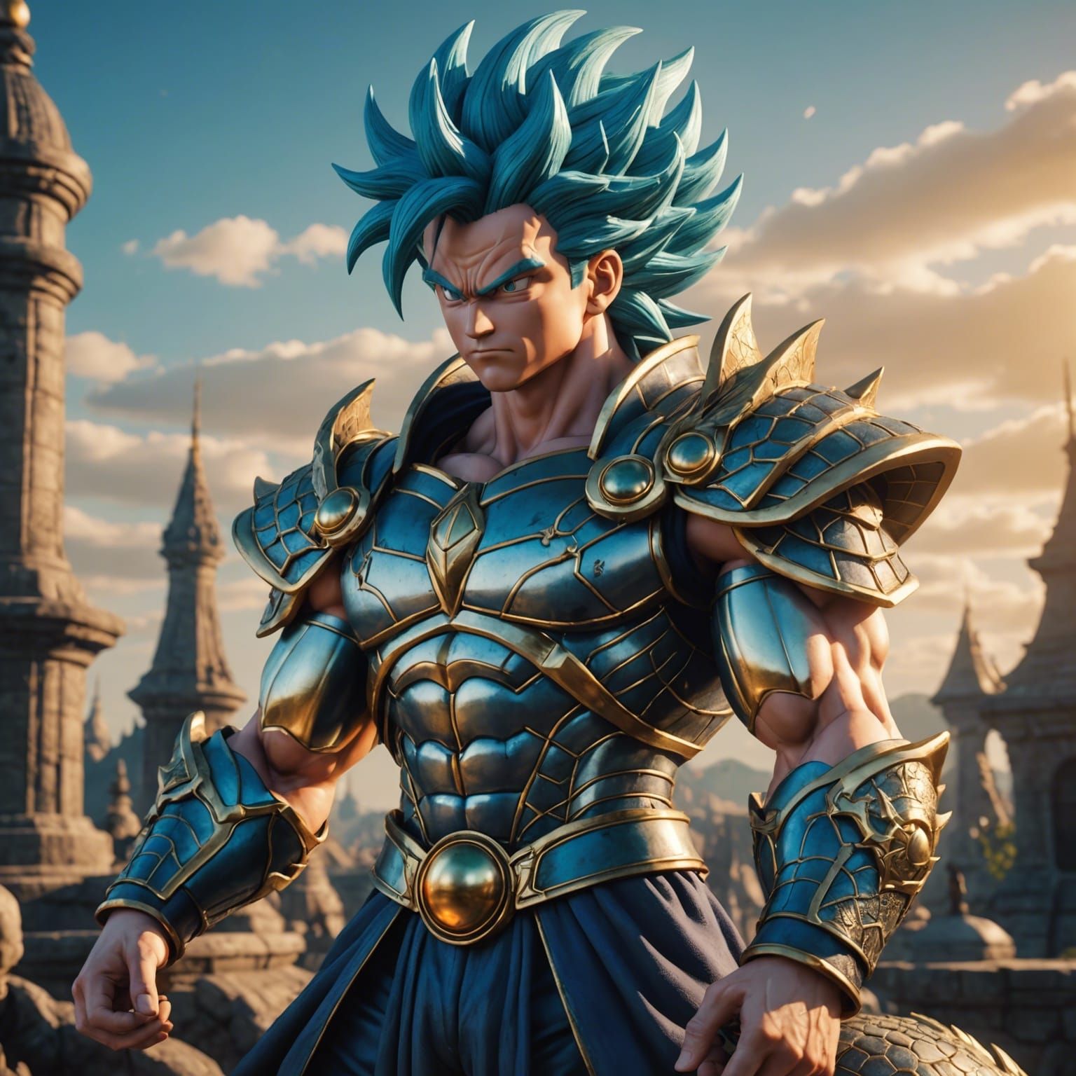 Cyberpunk Saint San Goku in Ethereal Lighting