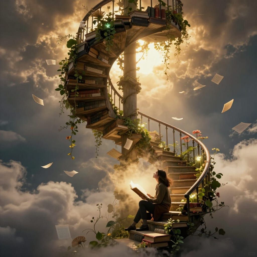 Surreal Book Staircase Ascending to Glowing Clouds