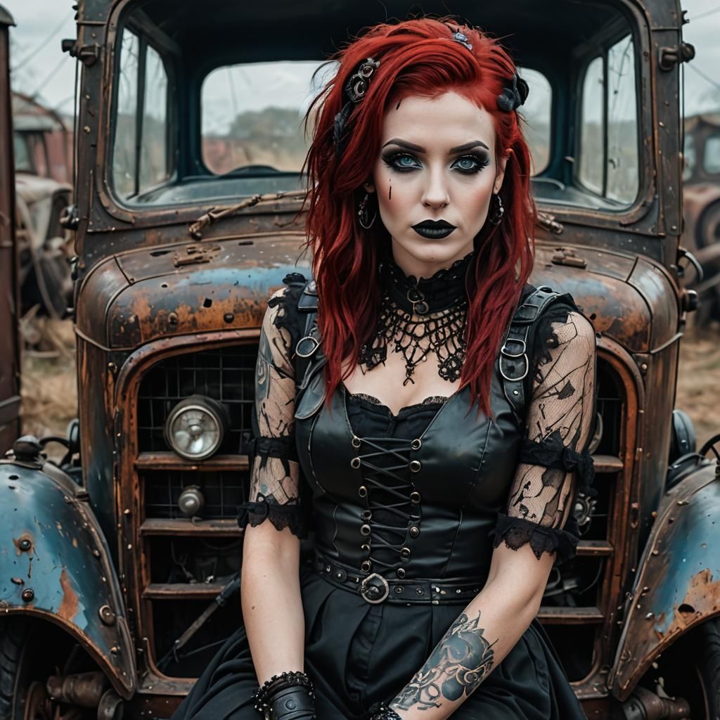 Gothic Punk Goddess Amidst Post-Apocalyptic Ruins