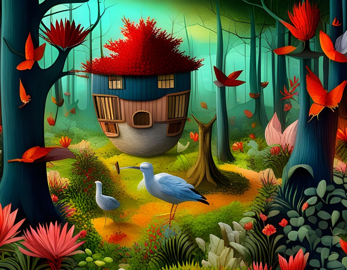 Magical Forest with Fairytale Creatures, Surreal Illustratio...