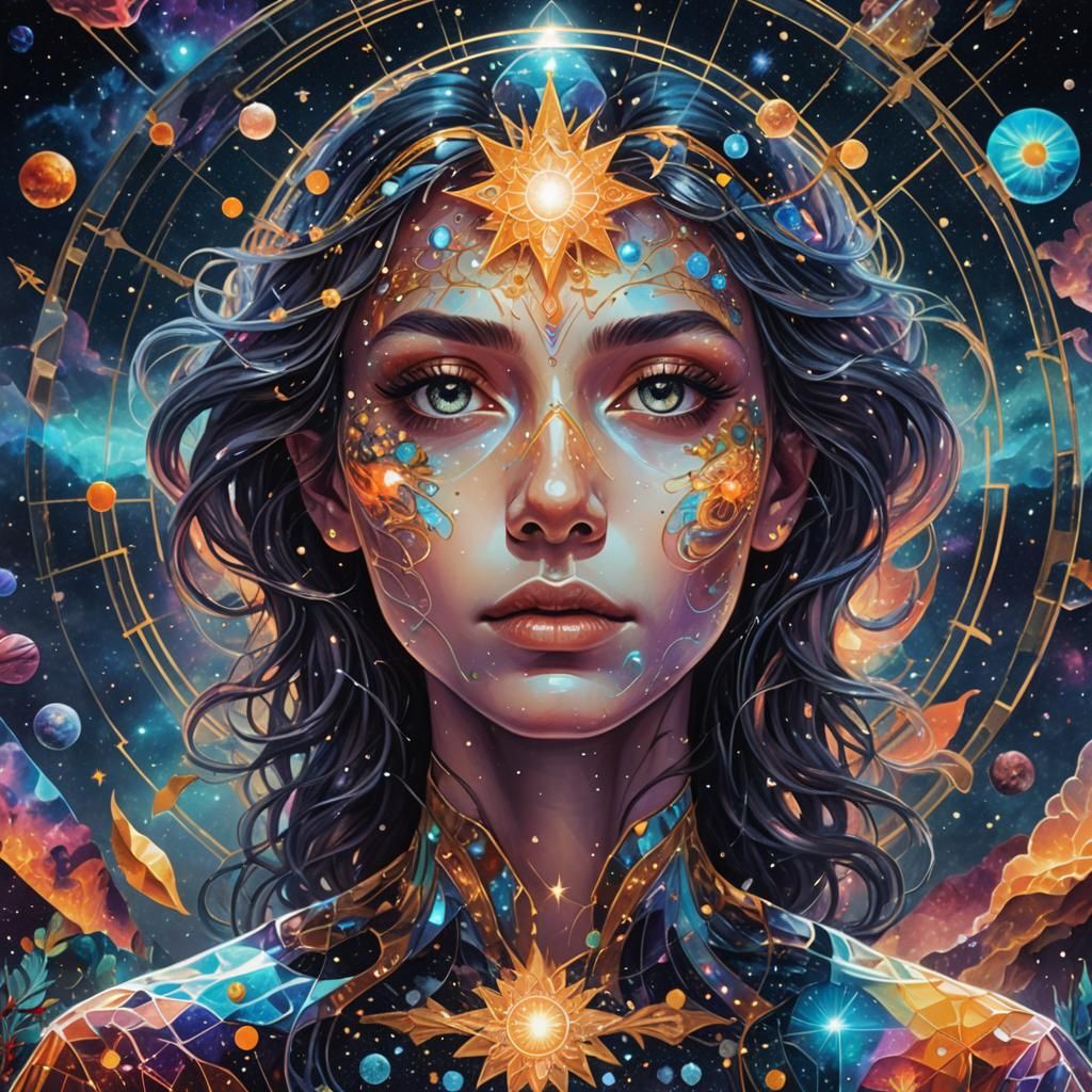 Astral Glass Illustration in Cosmic Holographic Style