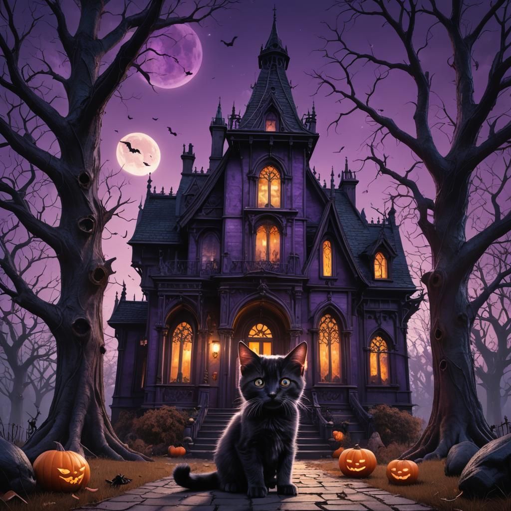 Surreal Gothic Victorian Estate with Enchanted Kitten