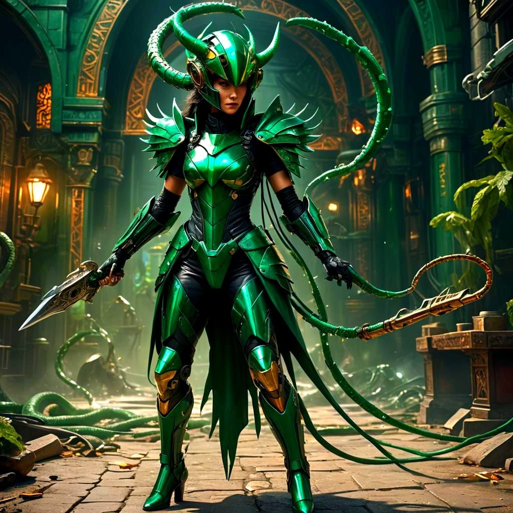 Emerald Serpent Cybernetic Super Villainess in Sparkling Fan...
